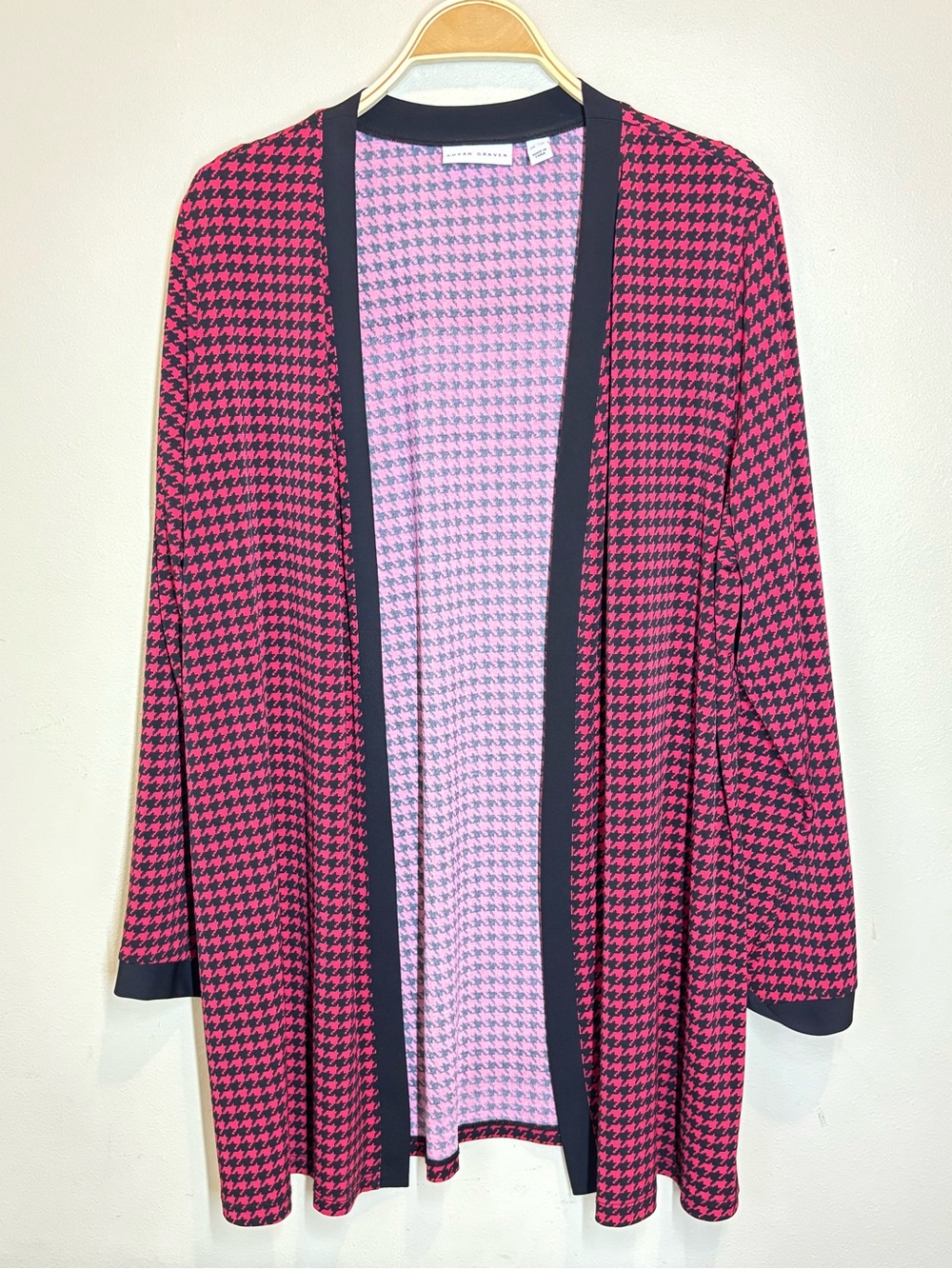 Susan Graver Liquid Knit Red and Black Houndstooth Open Cardigan, XL